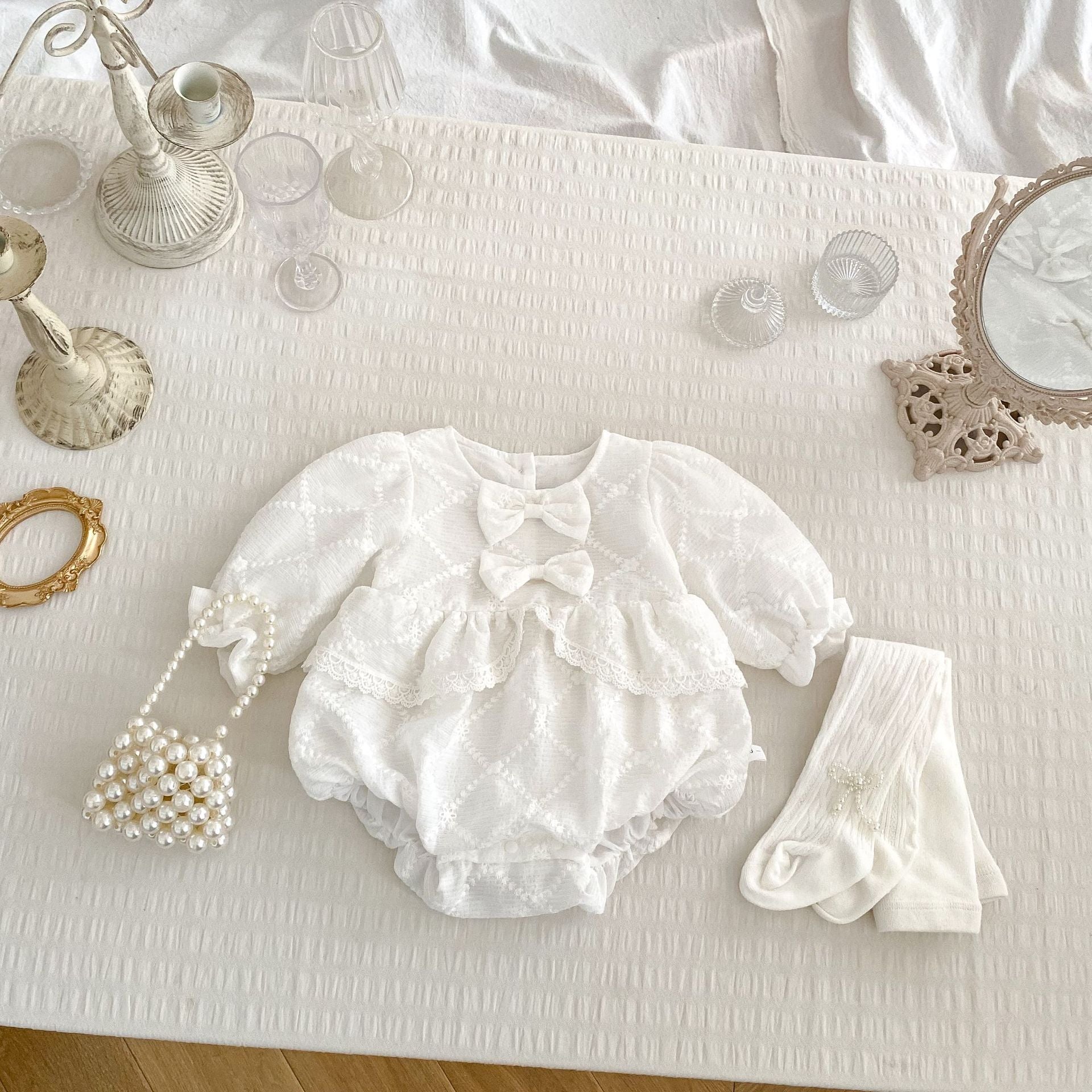 Baby Girl Long Sleeve Bow Bodysuit with Floral Embroidery – Sweet Cotton Outfit