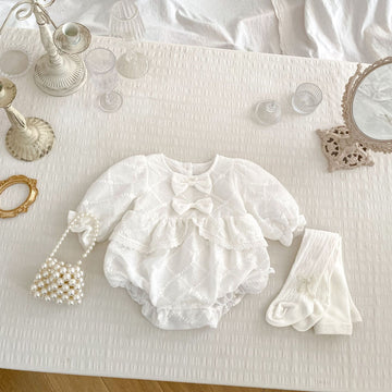 Baby Girl Long Sleeve Bow Bodysuit with Floral Embroidery – Sweet Cotton Outfit