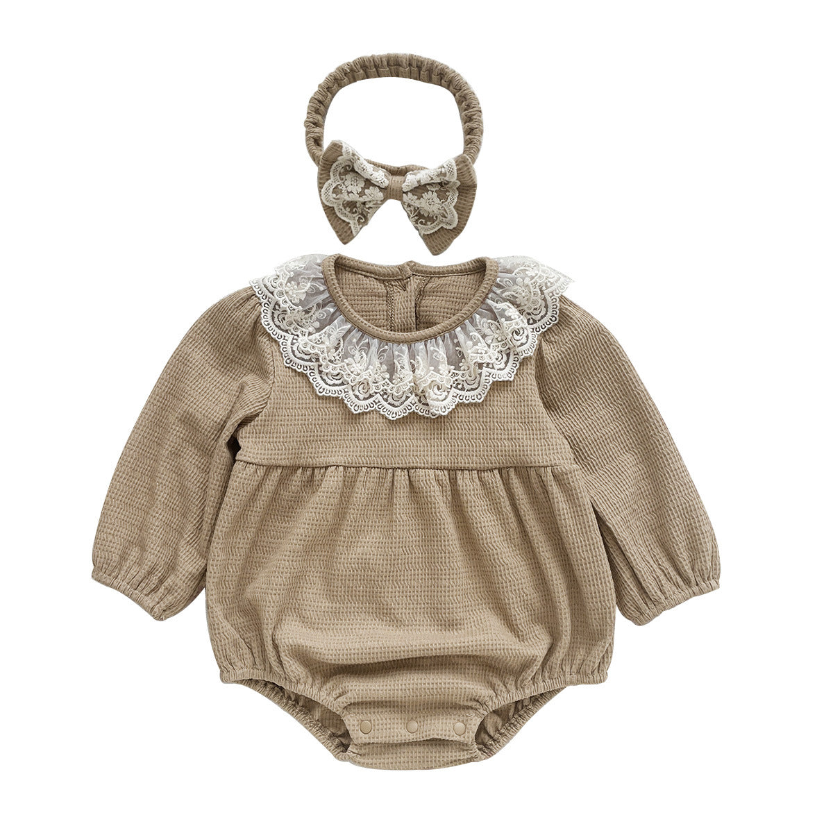 Baby Girl Waffle Knit Lace Romper – Long Sleeve Spring Fall Outfit