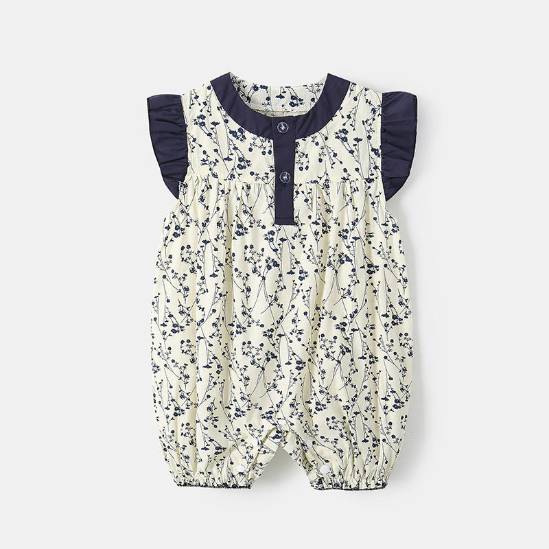 Baby Girl Floral Cotton Linen Bodysuit – Breathable Korean Style Summer Romper
