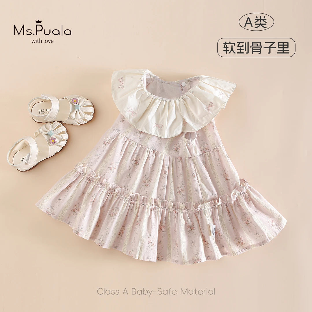 仙气飘飘午茶小调童装女宝26夏季裙子婴幼儿无袖碎花娃娃领连衣裙