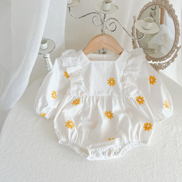 Baby Girl Long Sleeve Daisy Embroidered Bodysuit – Sweet Fall Cotton Outfit