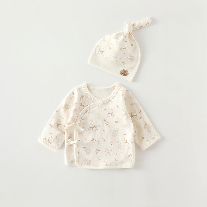 Newborn Cotton Baby Top with Hat – Seamless Side-Tie Infant Shirt
