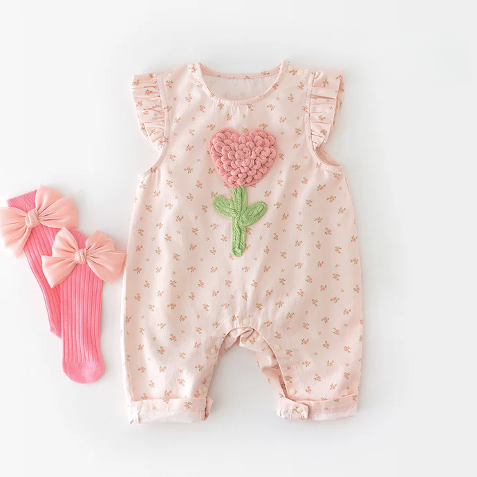 Baby Girl Floral Suspender Jumpsuit with Flutter Sleeves – Spring Newborn Outfit