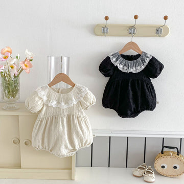 Baby Girl Lace Trim Short Sleeve Bodysuit – Lightweight Summer Cotton Romper
