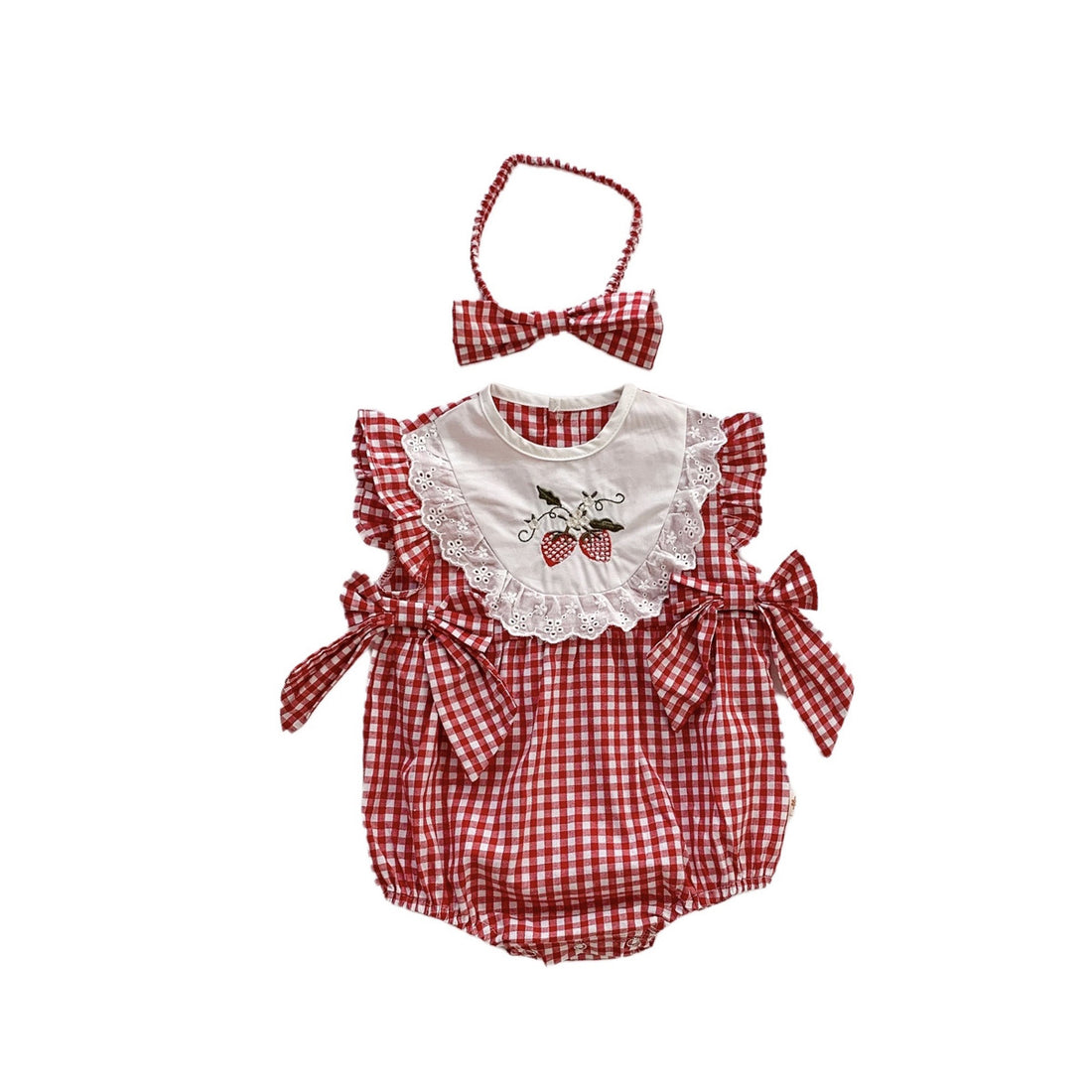 Baby Girl Red Plaid Embroidered Bodysuit with Headband – Lightweight Summer Outfit