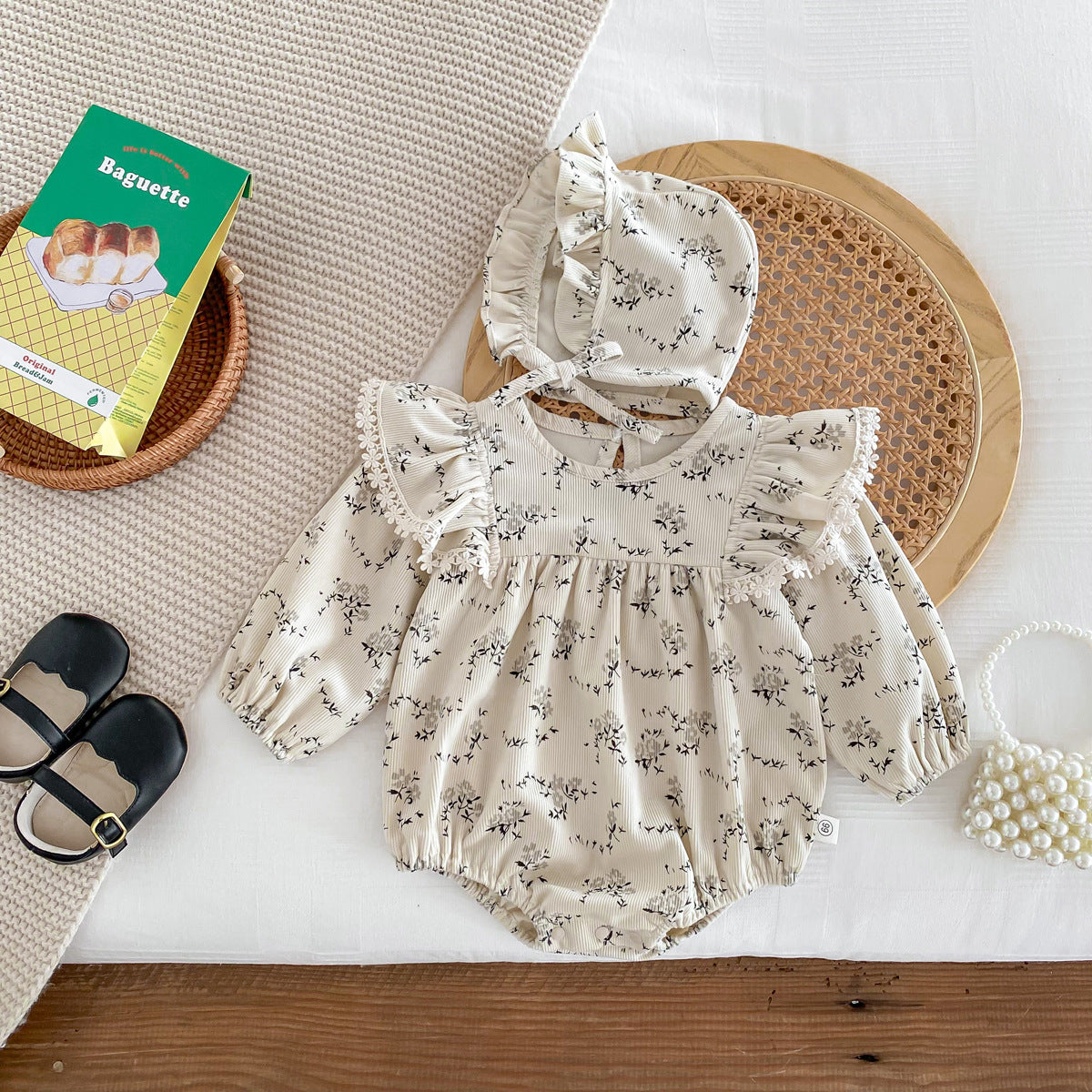 Baby Girl Corduroy Floral Romper with Bonnet – Long Sleeve Spring Fall Outfit