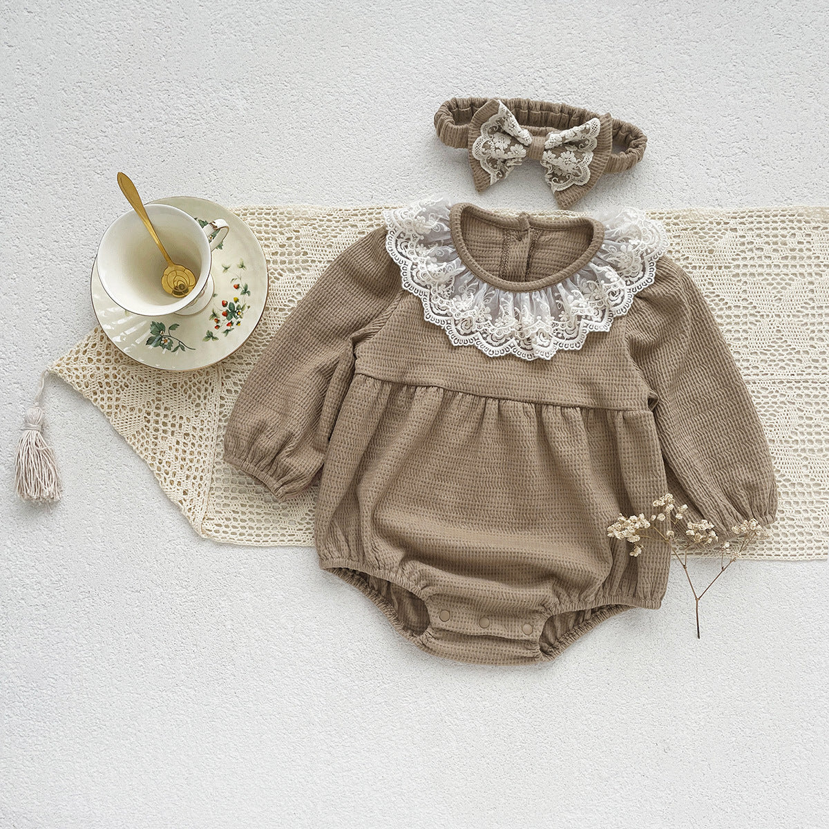 Baby Girl Waffle Knit Lace Romper – Long Sleeve Spring Fall Outfit