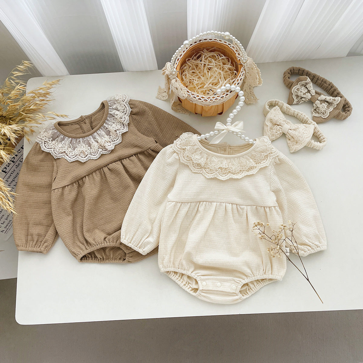 Baby Girl Waffle Knit Lace Romper – Long Sleeve Spring Fall Outfit