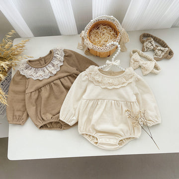Baby Girl Waffle Knit Lace Romper – Long Sleeve Spring Fall Outfit