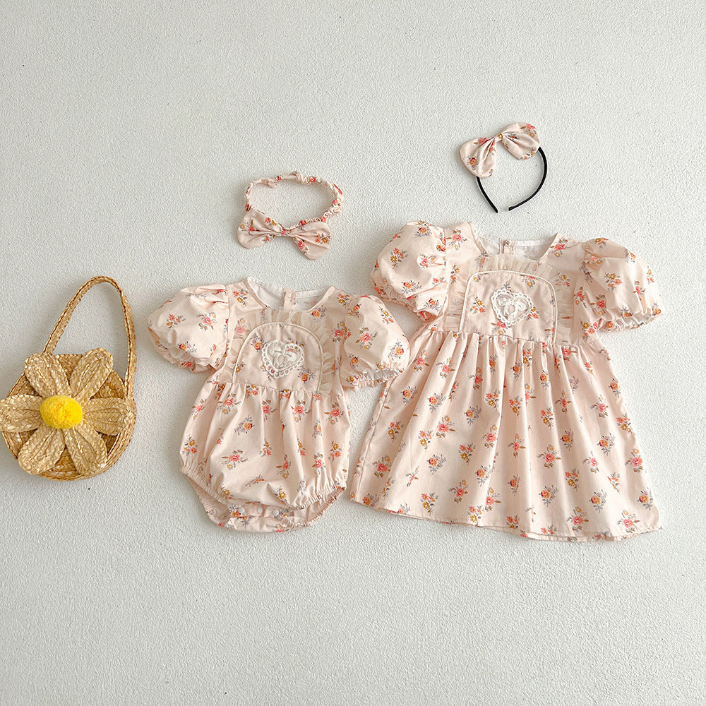 Baby Girl Pink Floral Romper Dress – Short Sleeve Matching Sister Summer Outfit
