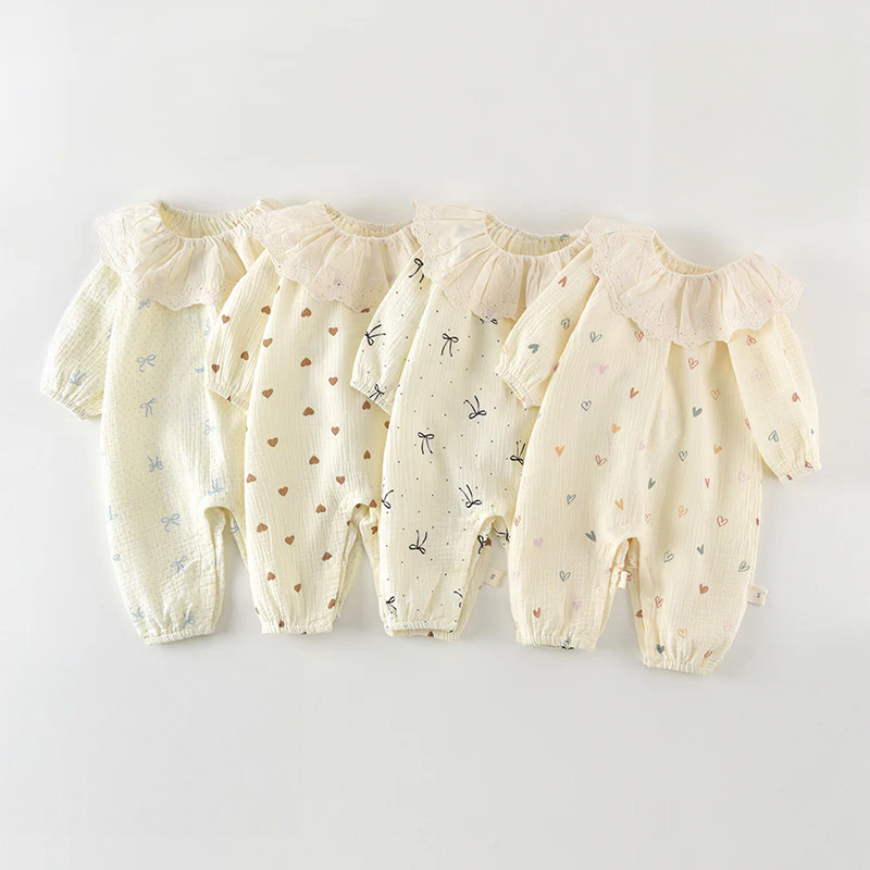 Baby Girl Floral Muslin Romper – Long Sleeve Spring Fall Outing Outfit