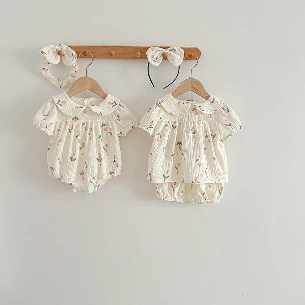 Baby Girl Tulip Gauze Bodysuit Set – Short Sleeve Summer Triangle Romper