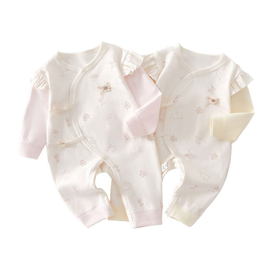 Newborn Baby Girl Cotton Romper with Lace Trim – Long Sleeve Spring Fall Outfit