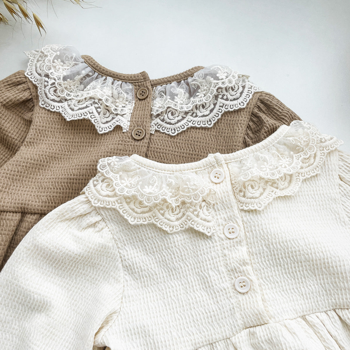 Baby Girl Waffle Knit Lace Romper – Long Sleeve Spring Fall Outfit