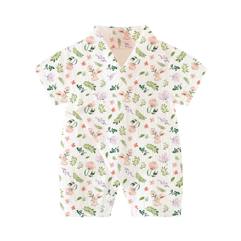Baby Short Sleeve Kimono Romper – Breathable Crinkle Cotton Summer Bodysuit