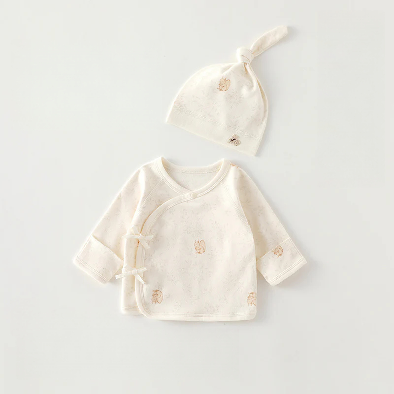 Newborn Cotton Baby Top with Hat – Seamless Side-Tie Infant Shirt