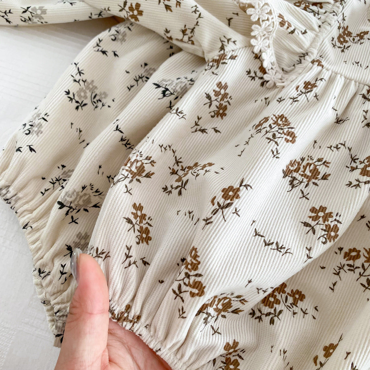 Baby Girl Corduroy Floral Romper with Bonnet – Long Sleeve Spring Fall Outfit