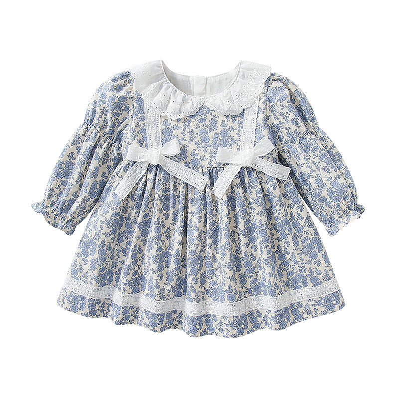 Baby Girl Long Sleeve Floral Princess Dress with Lace Bow – Spring Fall Outfit