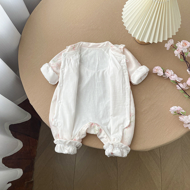 Baby Girl Chinese Style Floral Romper with Stand Collar – Long Sleeve Vintage Fall Outfit