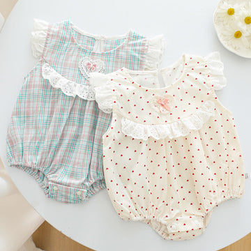 Baby Girl Dot Gingham Cotton Bodysuit – Breathable Summer Triangle Romper