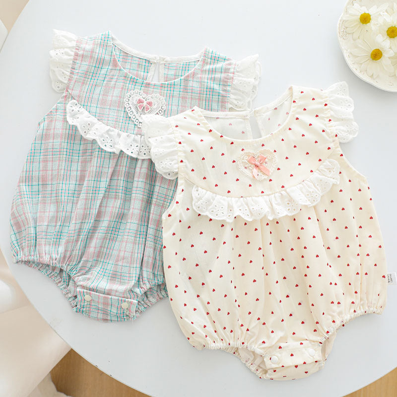 Baby Girl Dot Gingham Cotton Bodysuit – Breathable Summer Triangle Romper