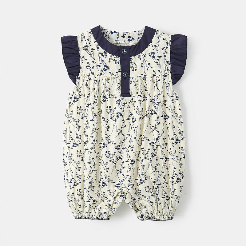 Baby Girl Floral Cotton Linen Bodysuit – Breathable Korean Style Summer Romper