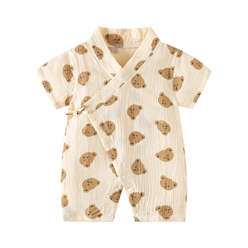 Baby Short Sleeve Kimono Romper – Breathable Crinkle Cotton Summer Bodysuit