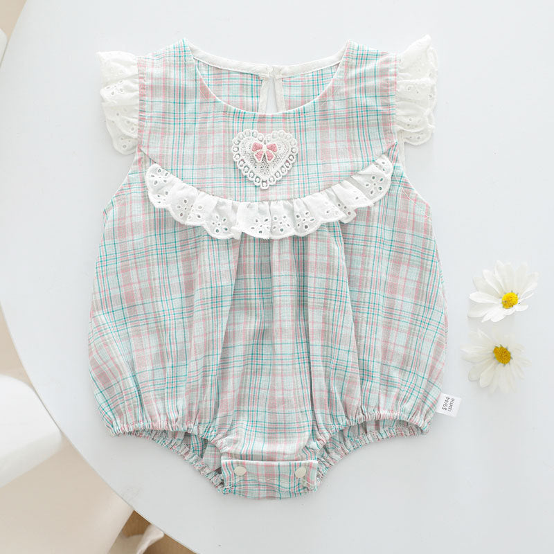 Baby Girl Dot Gingham Cotton Bodysuit – Breathable Summer Triangle Romper