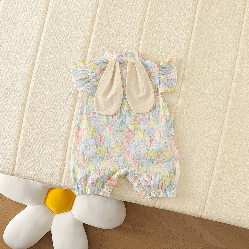 Baby Girl Tulip Bunny Ear Romper – Lightweight Summer Princess Bodysuit