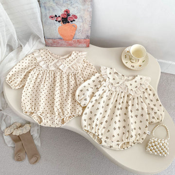 Baby Girl Floral Polka Dot Bodysuit with Lace Collar – Long Sleeve Spring Outfit