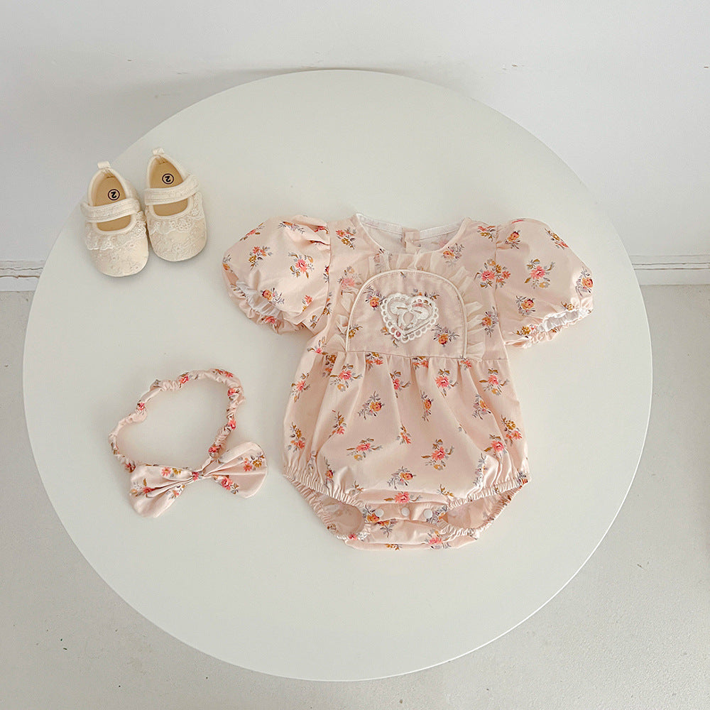Baby Girl Pink Floral Romper Dress – Short Sleeve Matching Sister Summer Outfit