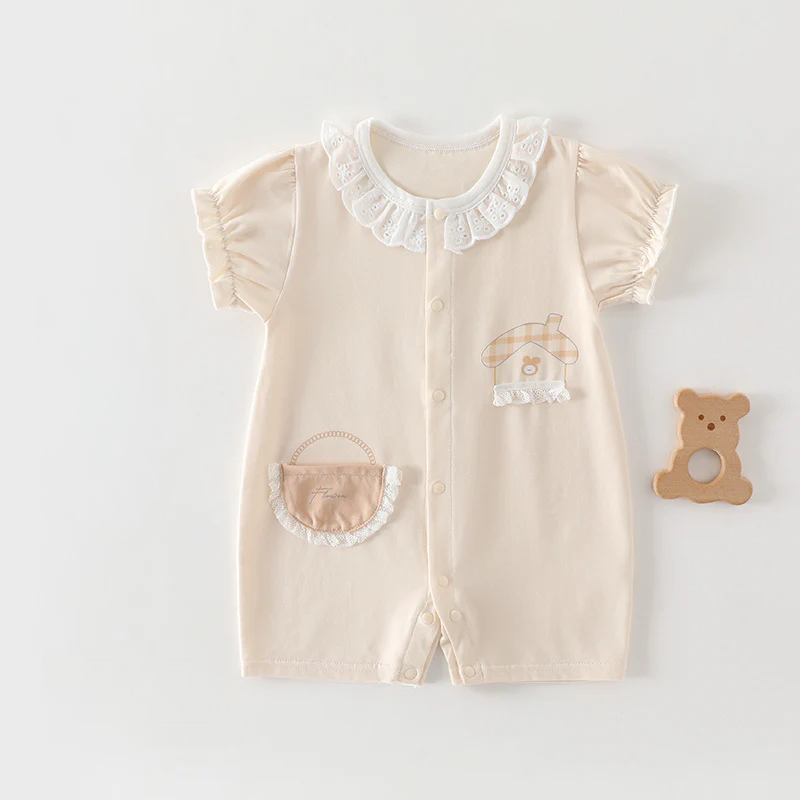 Baby Girl Lace Collar Short Sleeve Bodysuit – Lightweight Breathable Summer Romper