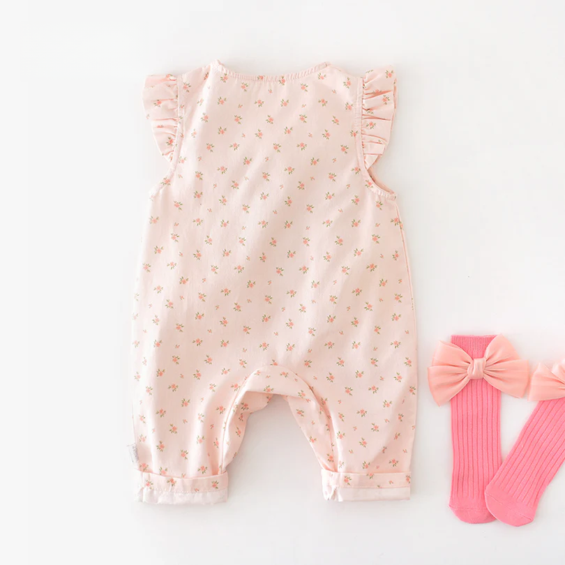 Baby Girl Floral Suspender Jumpsuit with Flutter Sleeves – Spring Newborn Outfit