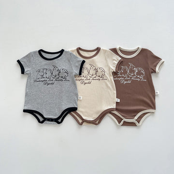 Unisex Newborn Ribbed Cartoon Bodysuit – Short Sleeve Korean Summer Romper