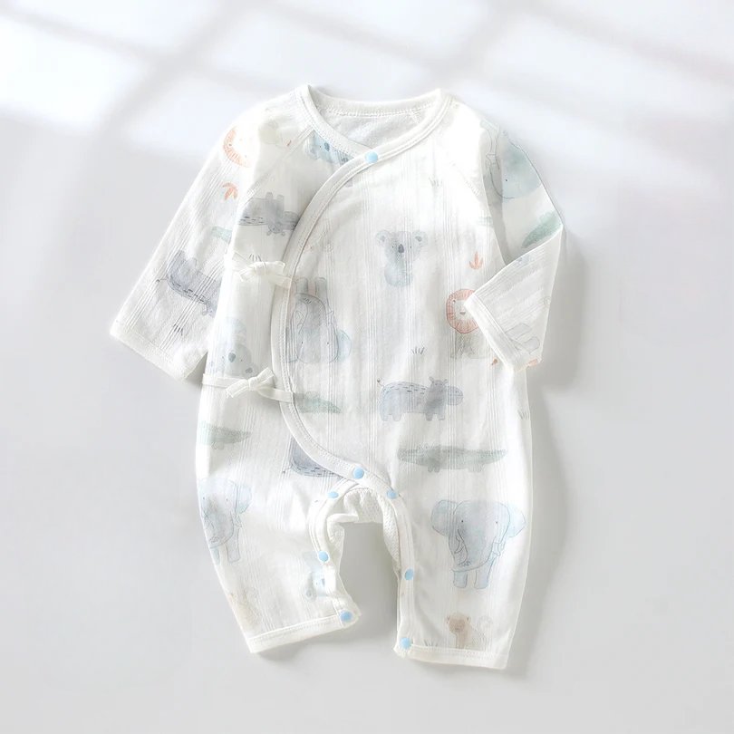 Newborn Tie-Side Cotton Sleep Romper – Lightweight Long Sleeve Summer Kimono Bodysuit