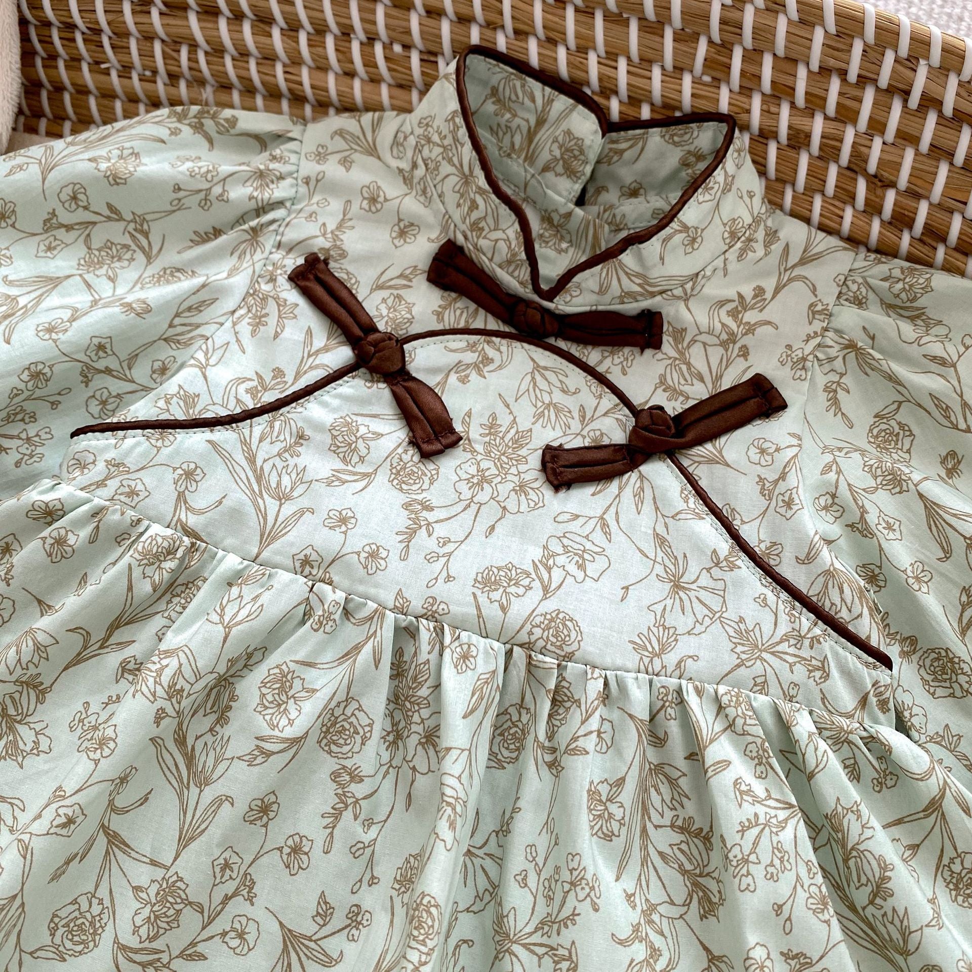 Baby Girl Chinese-Inspired Floral Romper Dress – Long Sleeve Fall Outfit