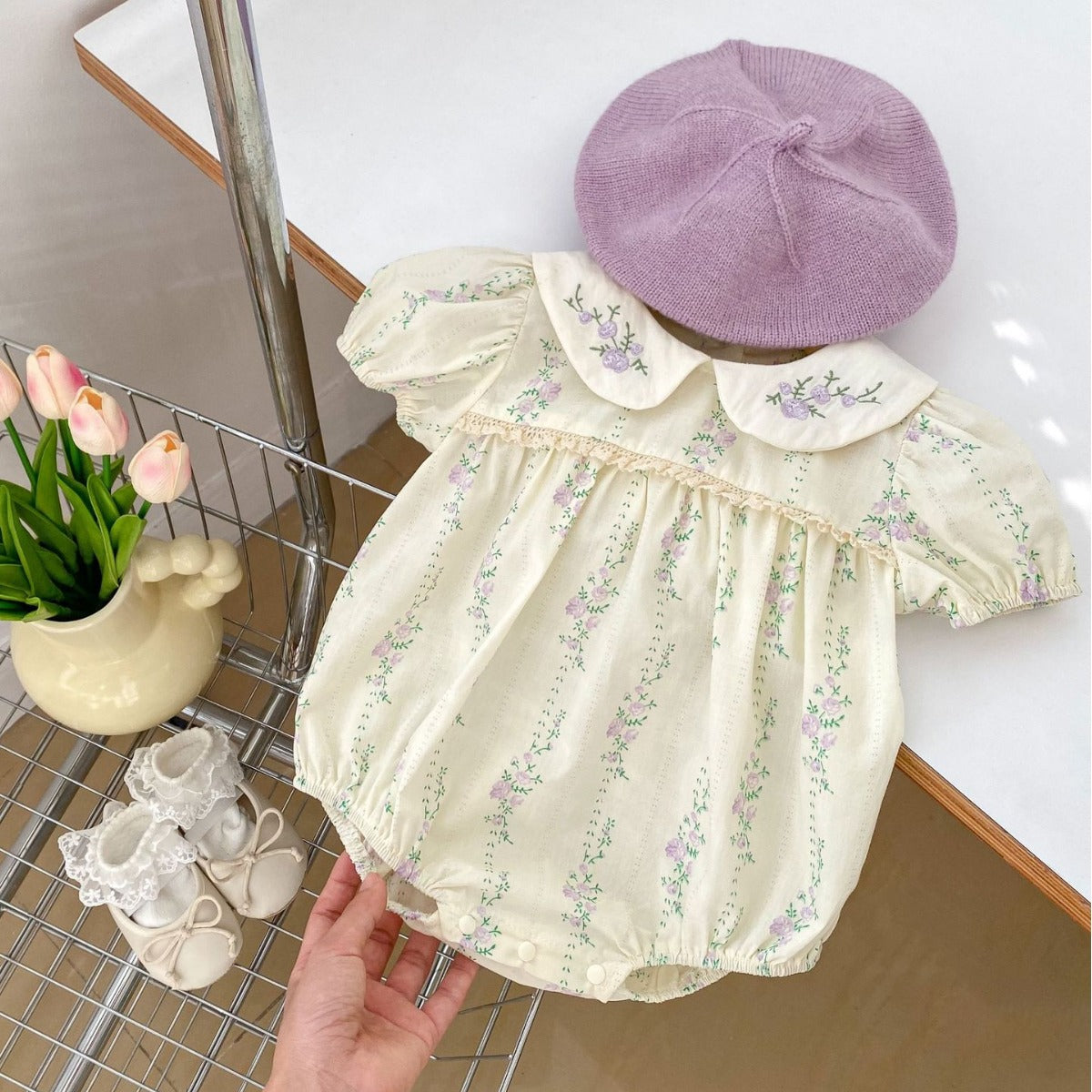 Baby Girl Purple Floral Bodysuit with Embroidered Doll Collar – Short Sleeve Summer Romper