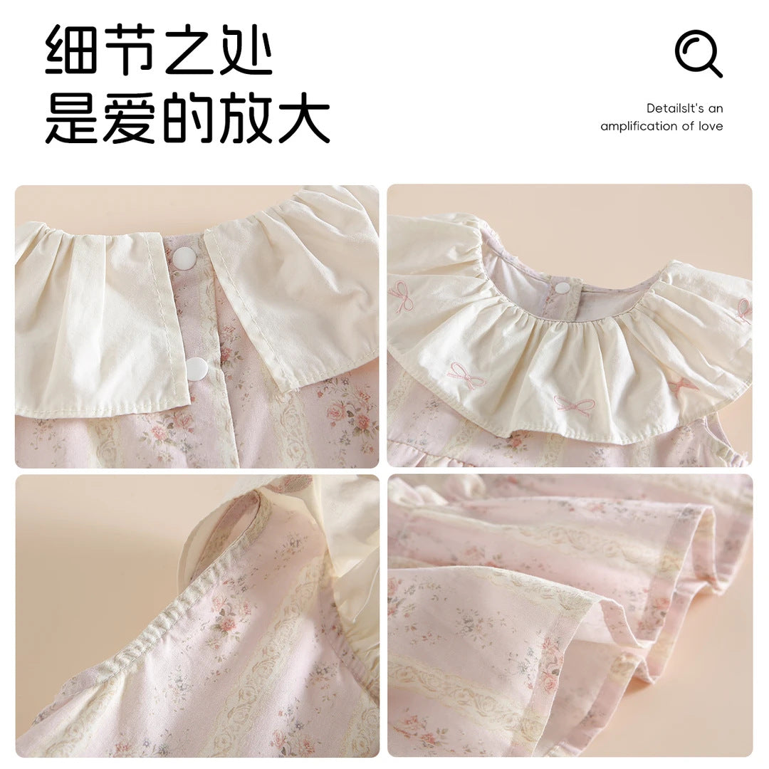 仙气飘飘午茶小调童装女宝26夏季裙子婴幼儿无袖碎花娃娃领连衣裙