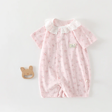 Baby Girl Lace Collar Short Sleeve Bodysuit – Lightweight Breathable Summer Romper