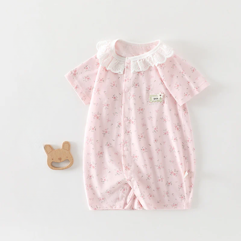 Baby Girl Lace Collar Short Sleeve Bodysuit – Lightweight Breathable Summer Romper