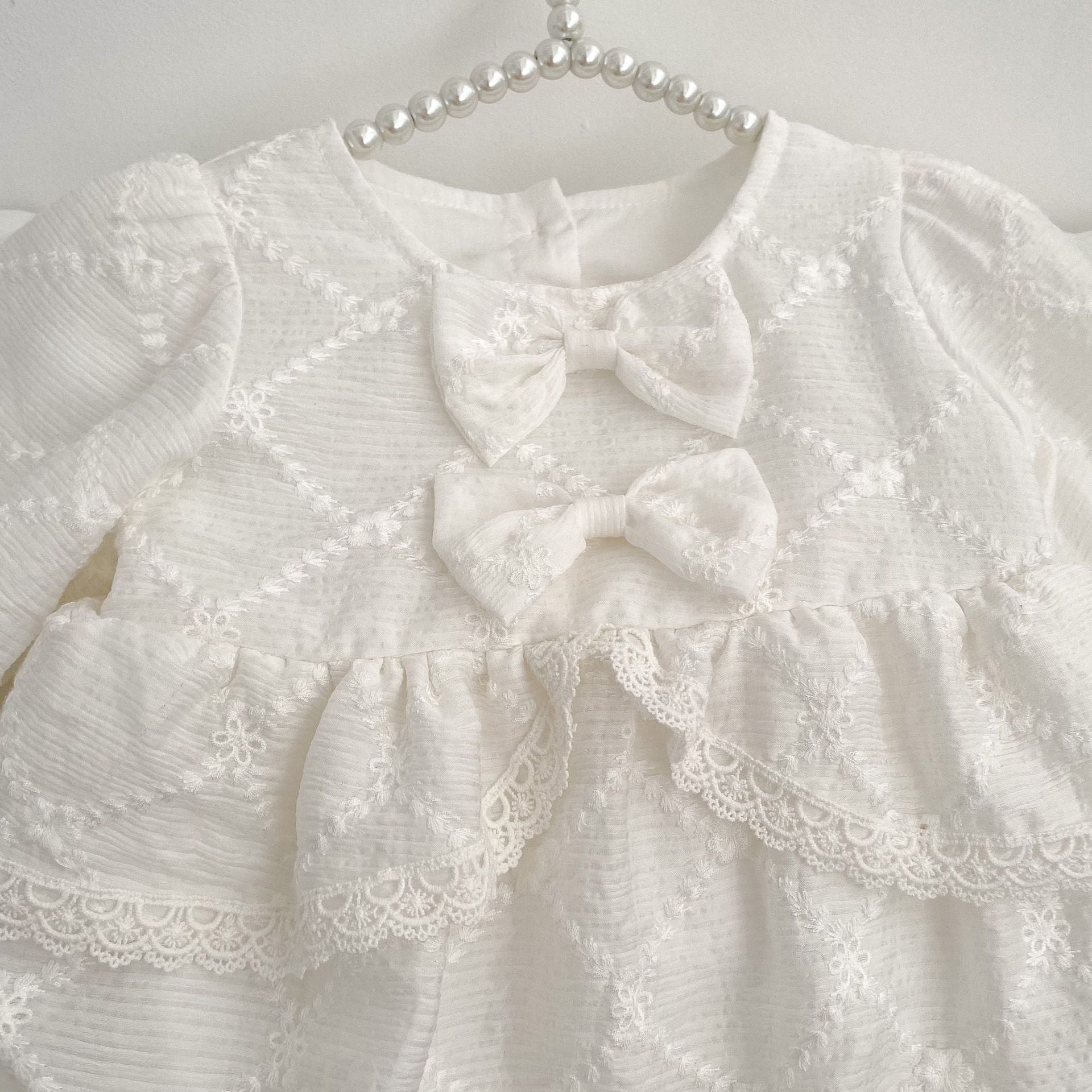 Baby Girl Long Sleeve Bow Bodysuit with Floral Embroidery – Sweet Cotton Outfit