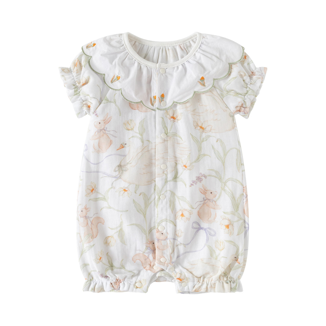 Baby Girl Short Sleeve Cotton Romper with Embroidered Collar – Floral Summer Outfit