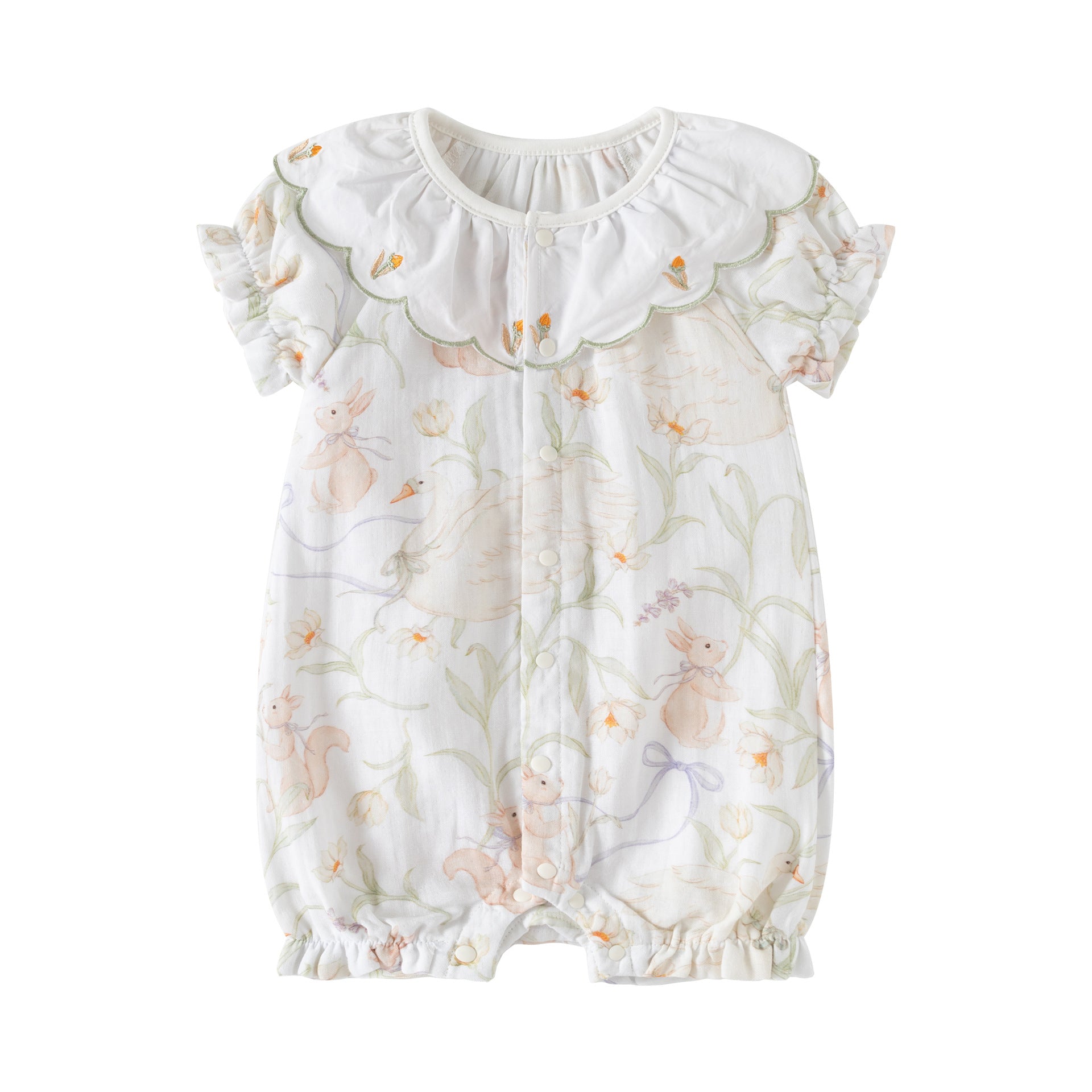 Baby Girl Short Sleeve Cotton Romper with Embroidered Collar – Floral Summer Outfit