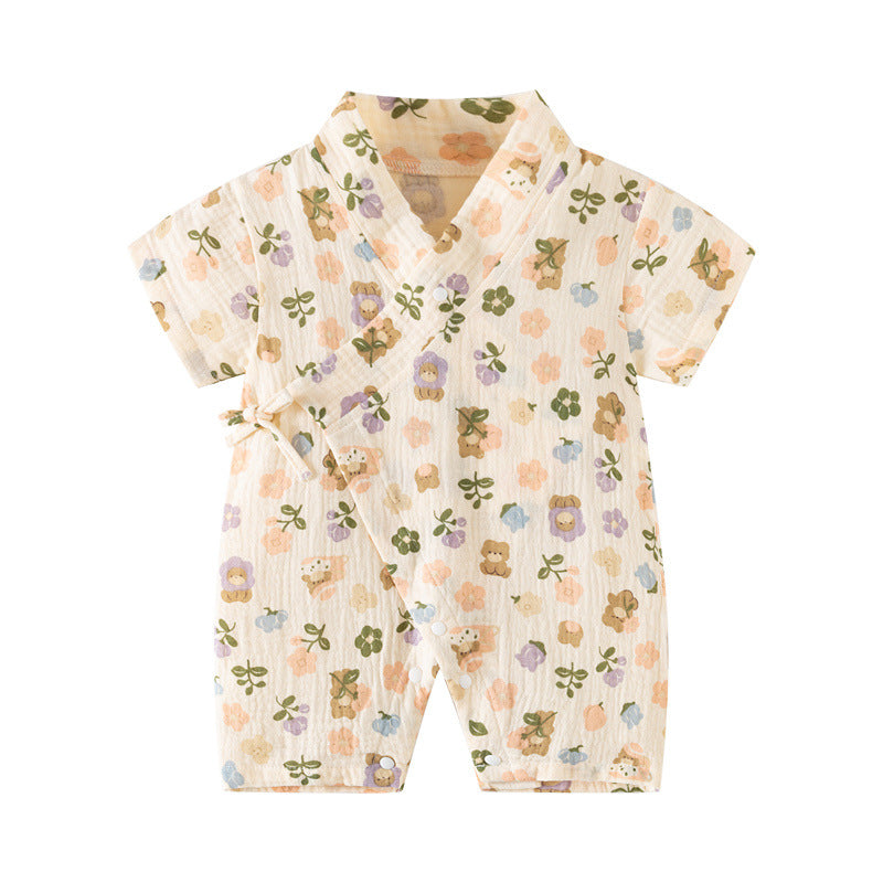 Baby Short Sleeve Kimono Romper – Breathable Crinkle Cotton Summer Bodysuit