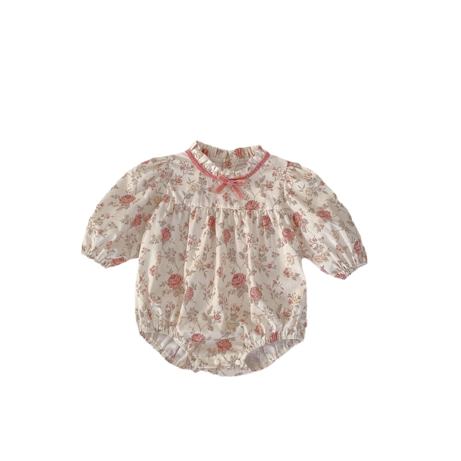 Baby Girl Floral Bow Bodysuit with Stand Collar – Long Sleeve Fall Outfit