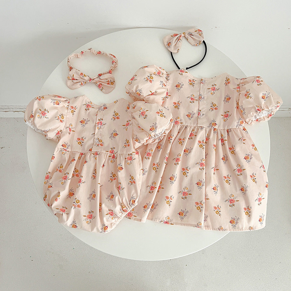 Baby Girl Pink Floral Romper Dress – Short Sleeve Matching Sister Summer Outfit
