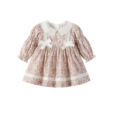 Baby Girl Long Sleeve Floral Princess Dress with Lace Bow – Spring Fall Outfit