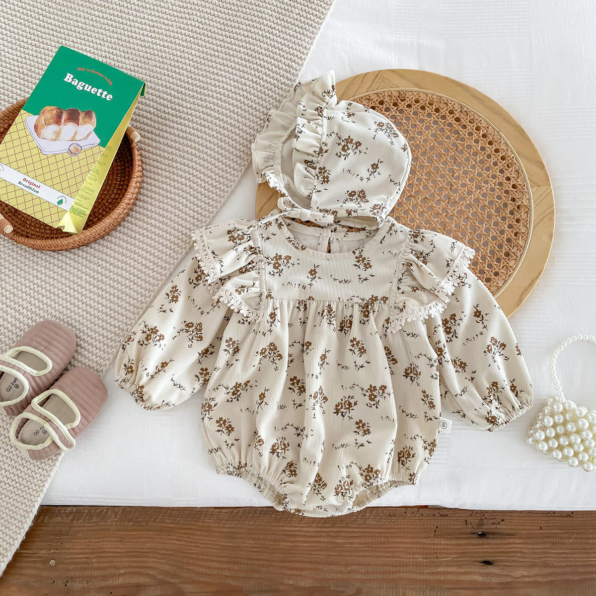 Baby Girl Corduroy Floral Romper with Bonnet – Long Sleeve Spring Fall Outfit