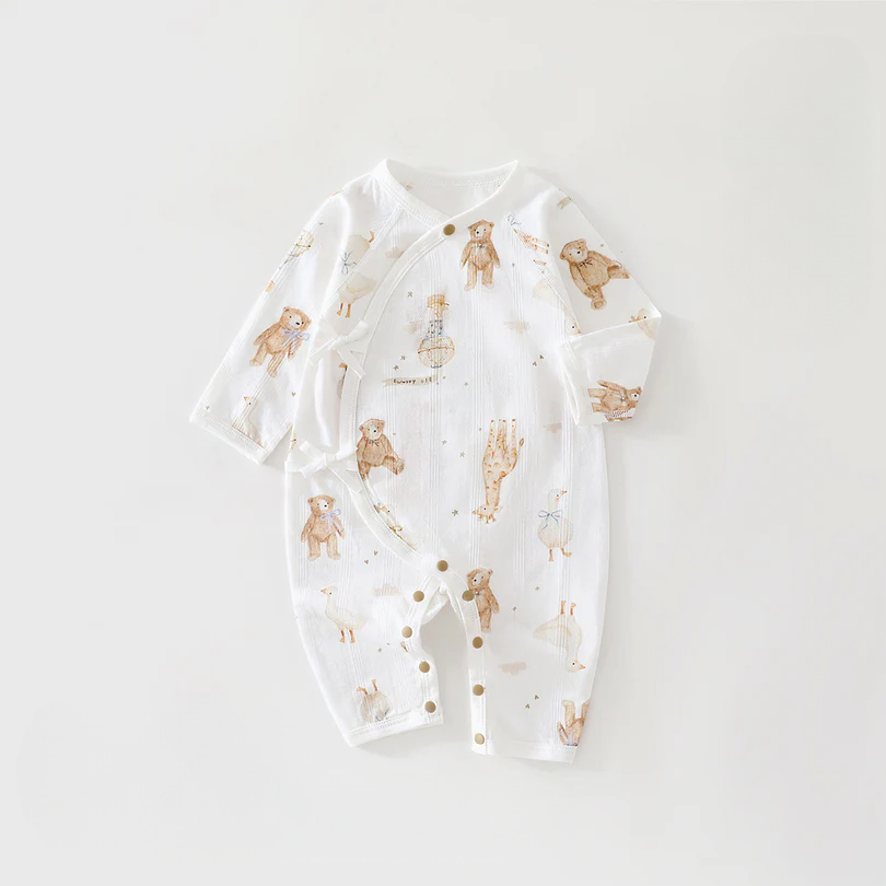 Newborn Tie-Side Cotton Sleep Romper – Lightweight Long Sleeve Summer Kimono Bodysuit